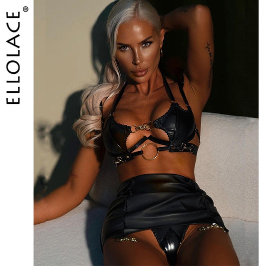 Latex Fetish Bandage Hollow Skirt Halter Push-Up Bras PVC 3-Pieces