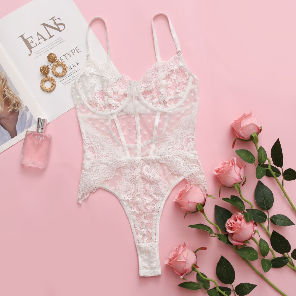 Sexy Bodysuit See-Through Lace Polka Dots Open Crotch White Erotic Tops