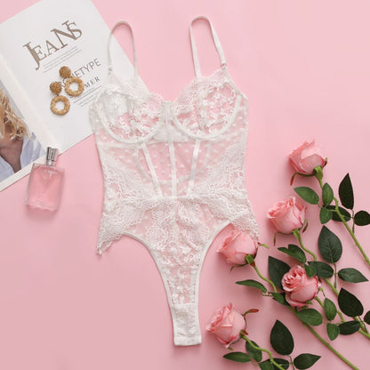 Sexy Bodysuit See-Through Lace Polka Dots Open Crotch White Erotic Tops