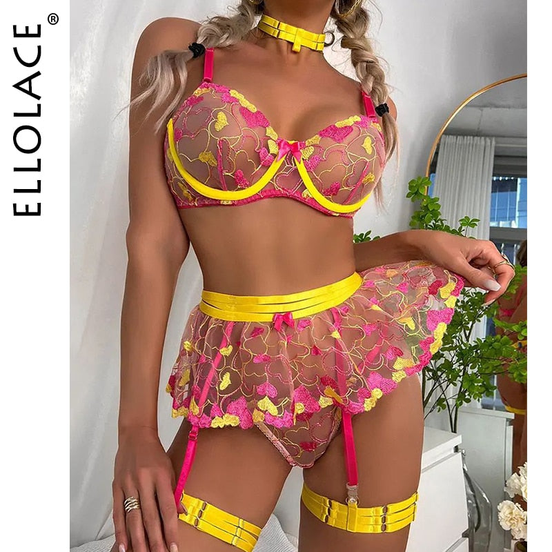 Ellolace Valentine Lingerie Fancy Beautiful Underwear Ruffle Garters Heart-Shaped Embroidery Transparent Bra Sensual Exotic Set