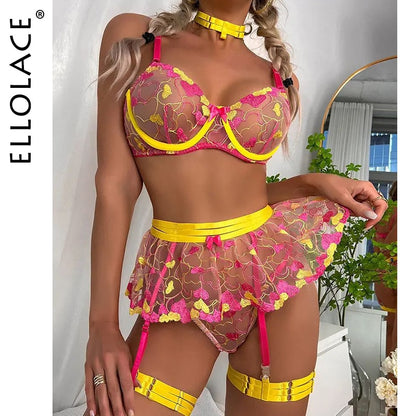 Ellolace Valentine Lingerie Fancy Beautiful Underwear Ruffle Garters Heart-Shaped Embroidery Transparent Bra Sensual Exotic Set