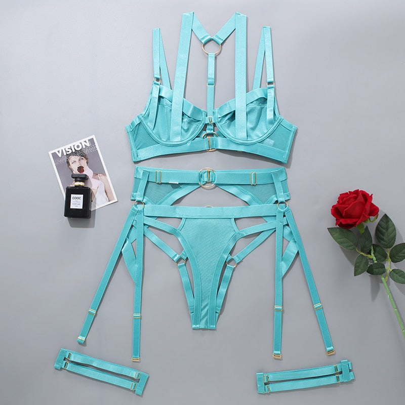 Sexy Erotic Garter Belt 4-Piece Halter Bra With Bow Seductive Brief Sets