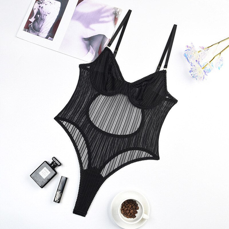 Ellolace Lace Bodysuit Women See Through Skinny Body Uncensored Lingerie Crotchless Sexy Top Naked Tulle Outfit Black Mesh Tight