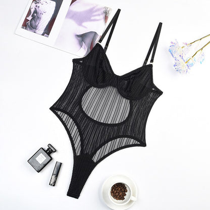 Ellolace Lace Bodysuit Women See Through Skinny Body Uncensored Lingerie Crotchless Sexy Top Naked Tulle Outfit Black Mesh Tight
