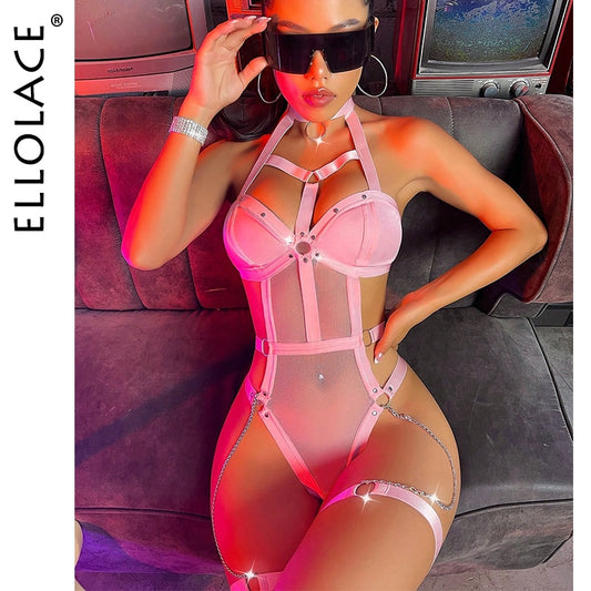 Ellolace Festival Bodysuit Halter Backless Tops Sexy One Piece Night Club Outfit Sensual Lace Fitness Tights