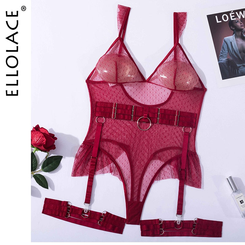 Polka Dot Bodysuit Sexy Transparent  Lace Erotic Fitness Tops