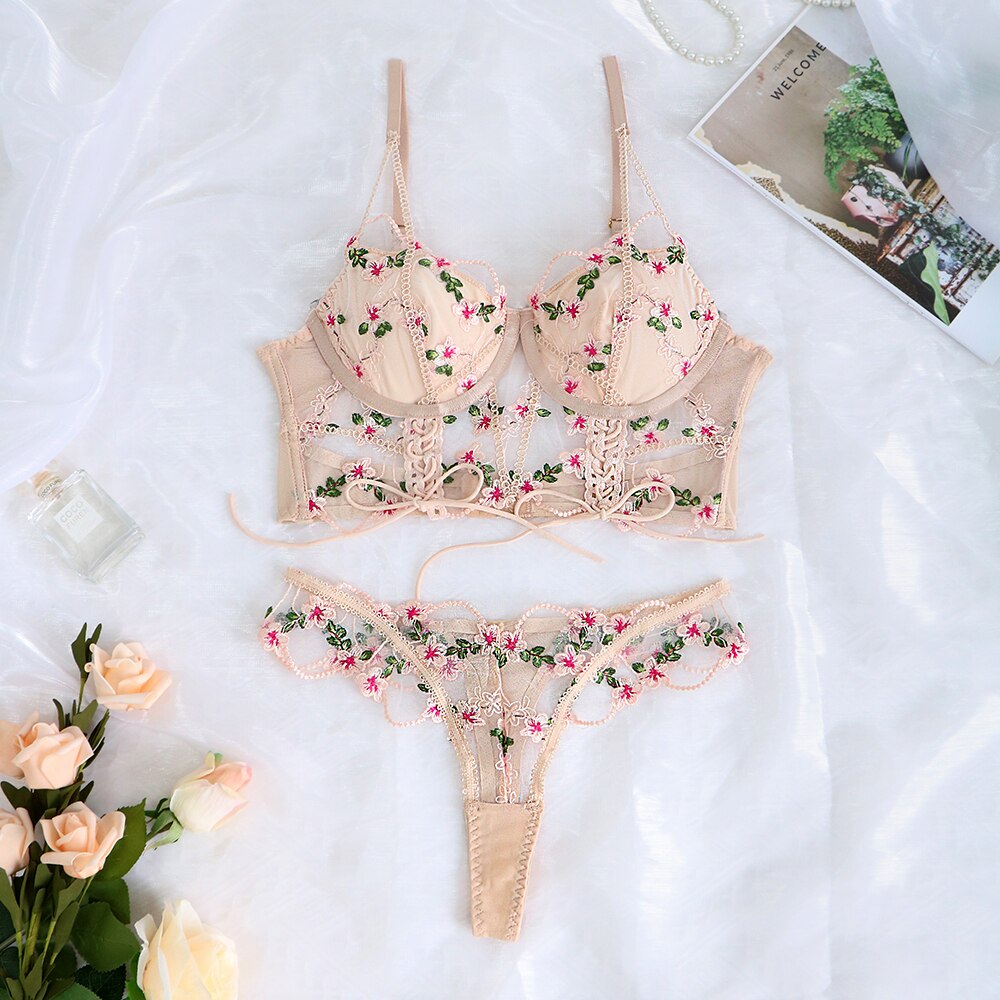 Ellolace Fancy Lingerie Sexy Underwear Set Women 2 Piece Fairy Floral Embroidery Delicate Brief Lace Up Transparent Bra Intimate