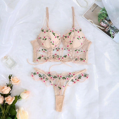 Ellolace Fancy Lingerie Sexy Underwear Set Women 2 Piece Fairy Floral Embroidery Delicate Brief Lace Up Transparent Bra Intimate