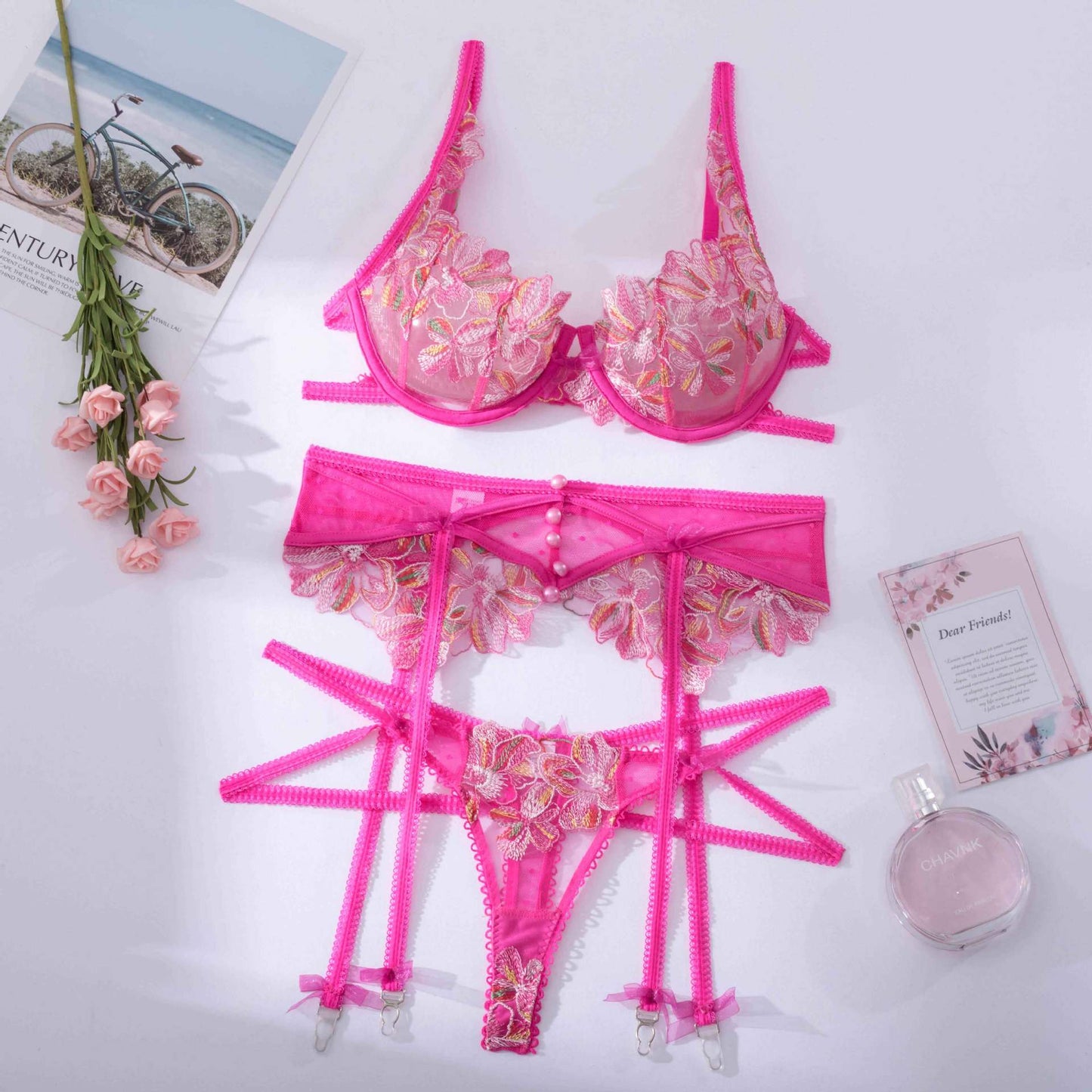 Pink Floral Embroidery Sexy Thongs Garter Bra 3-Pieces Lace