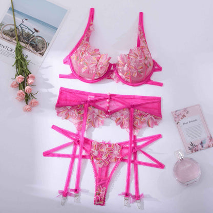 Pink Floral Embroidery Sexy Thongs Garter Bra 3-Pieces Lace