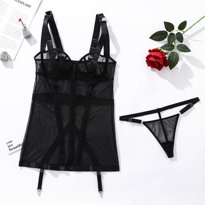 Sexy Mujer Puta Lace Dress Transparent Mini Nightgown Thongs Sleepwear