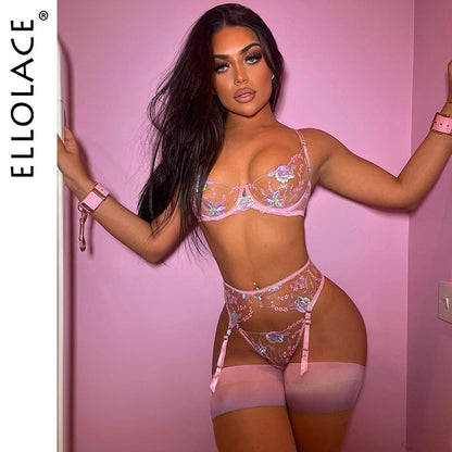 Ellolace Fancy Erotic Lingerie Floral Transparent Lace Brief Sets Sheer Lace Sissy Fairy Underwear Garter See Through Outfit
