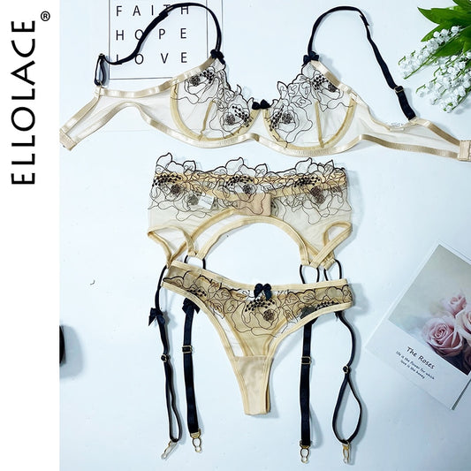 Ellolace Lingerie Sexy Transparent Bra Underwire Sheer Hot Porn Erotic Costumes Bowknot Floral Embroidery Garters Exotic Sets