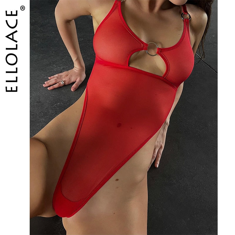 Ellolace Lace Bodysuit With Ring Hollow High Cut Body Sensual Seamless Tops Transparent One Piece Mesh Crotchless Tight Fitting