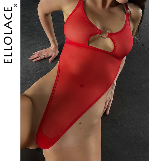 Ellolace Lace Bodysuit With Ring Hollow High Cut Body Sensual Seamless Tops Transparent One Piece Mesh Crotchless Tight Fitting