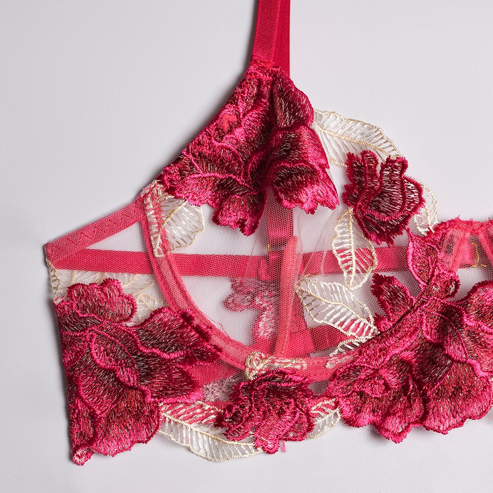 Ellolace Floral Lingerie Sexy Fancy Underwear Embroidery Erotic Brief Sets Lace Transparent Underwire Bra And Thong with Garters