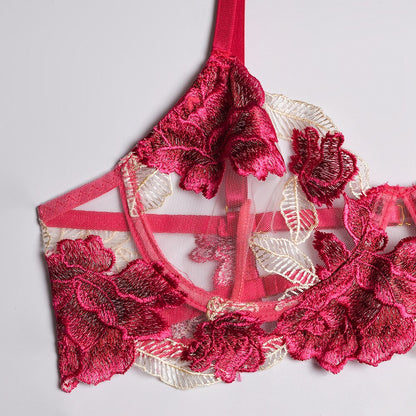 Ellolace Floral Lingerie Sexy Fancy Underwear Embroidery Erotic Brief Sets Lace Transparent Underwire Bra And Thong with Garters