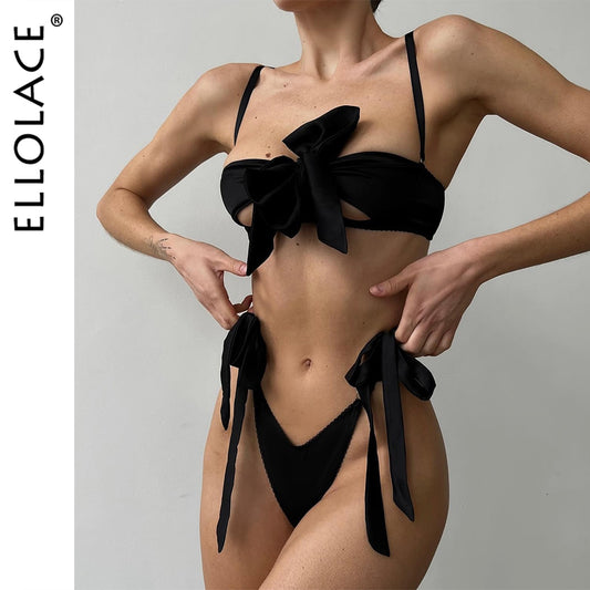 Ellolace Bowknot Lingerie Set Women 2 Piece Sissy Open Bra Brief Sets Sexy Intimate Black Sensual Outfits Fine Intimate