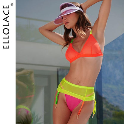 Ellolace Neon Lingerie Bright Underwear 3-Piece Contrast Color Triangle Cup See Through Bilizna Set Sheer Mesh Outfits