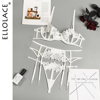 Ellolace Sensual Lingerie Underwear Erotic Hollow Out Brief Sets Push Up Underwire Bra Garters Thongs Sheer Fancy Exotic Costume