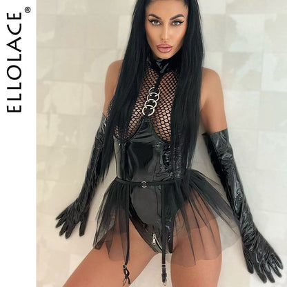 Fishing Net Latex Bodysuit Ruffle Garters Halter Sexy Costume 2-Piece Zipper Open Crotch Leather Teddy