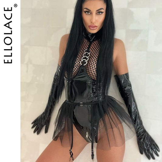 Fishing Net Latex Bodysuit Ruffle Garters Halter Sexy Costume 2-Piece Zipper Open Crotch Leather Teddy