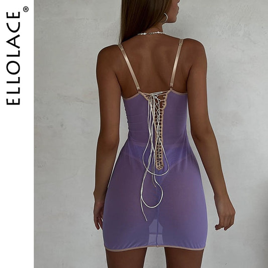 Ellolace Lace Night Dress Sexy Porn Body Lingerie Bandage Transparent Babydoll Sheer Sissy Erotic Costumes Purple Outfit
