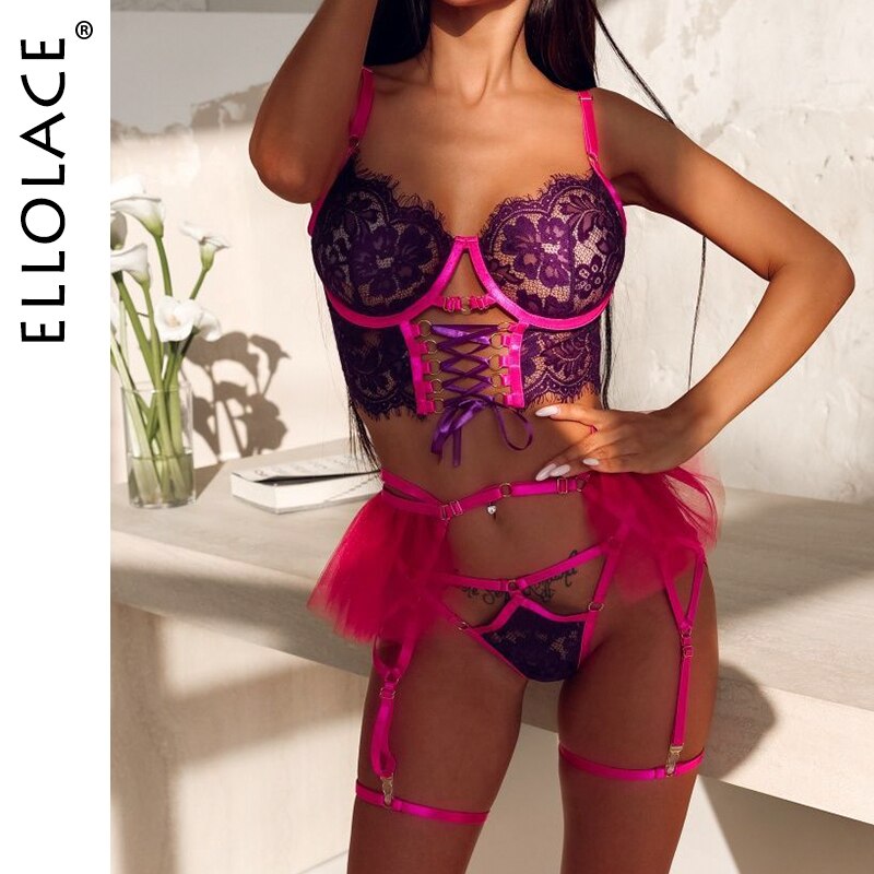 Ellolace Fancy Lingerie Ruffle Garters Lace Up Bra Kit Push Up Beautiful Underwear Contrast Color Sensual Exotic Outfit