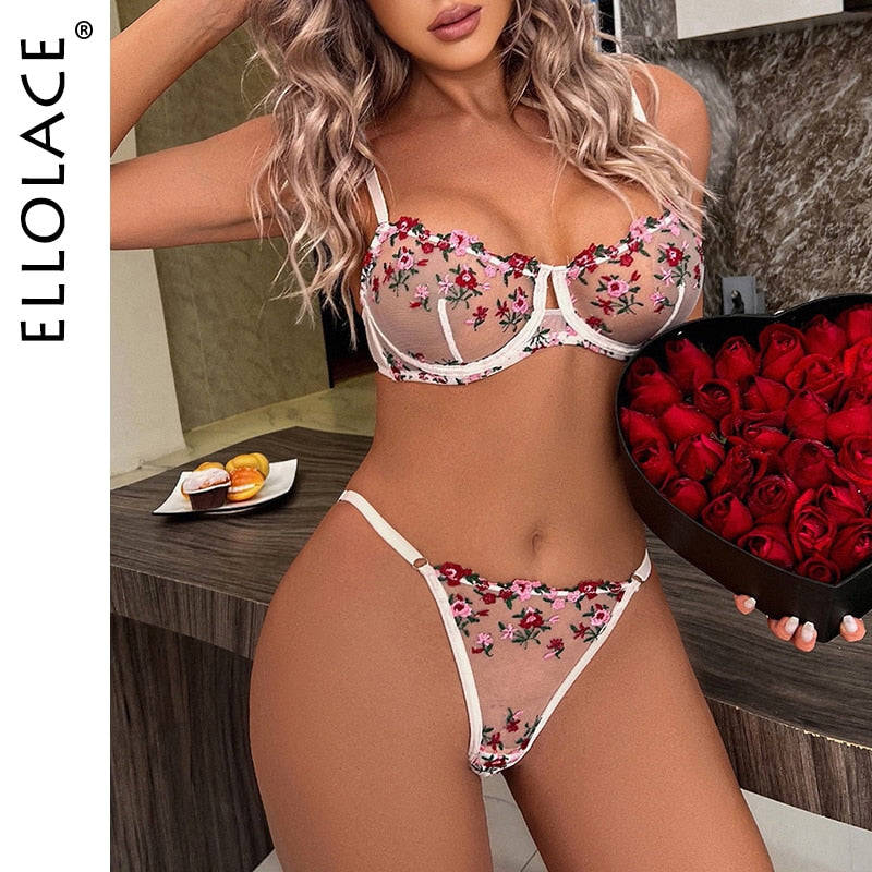 Ellolace Female Floral Lingerie Porn Underwear Uncensored Transparent Embroidery Set Woman 2 Pieces Intimate Luxury Lace Outfit
