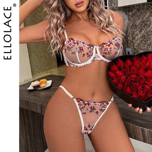 Ellolace Female Floral Lingerie Porn Underwear Uncensored Transparent Embroidery Set Woman 2 Pieces Intimate Luxury Lace Outfit