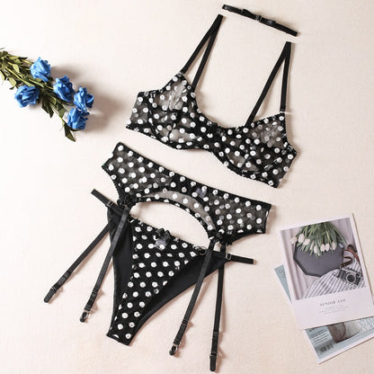 Polk Dot Sexy 4-Piece Set Erotic Bra And Panty Fetish Garter Belt Set