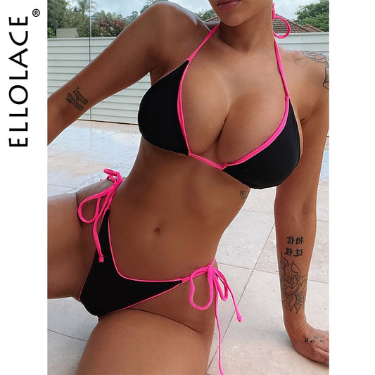 Halter Swimsuit Micro Bikini Patchwork Swimwear Sexy Summer Bathing Suits Lace Up Swimming Separate Beach