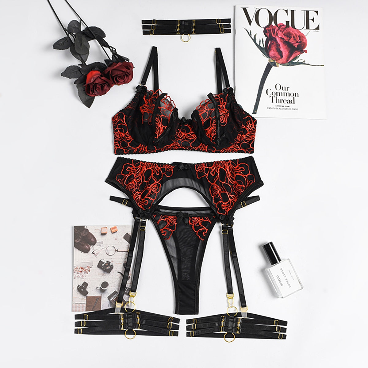 Lace Floral Embroidery Bra And Thong Erotic