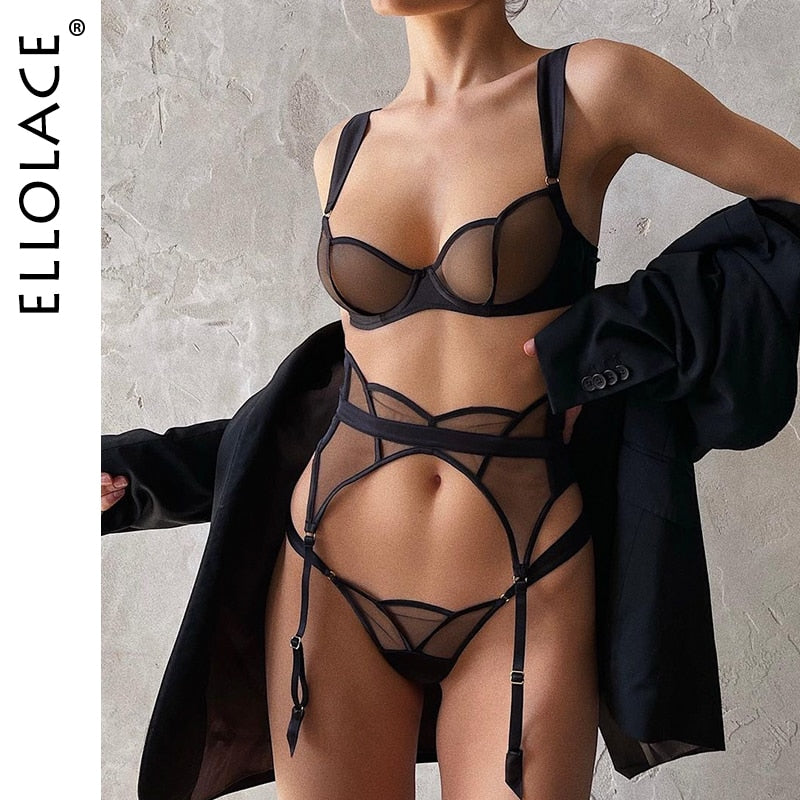 Sexy Transparent Lace Bra Kit Push Up Set 3 Pieces Garters Sets
