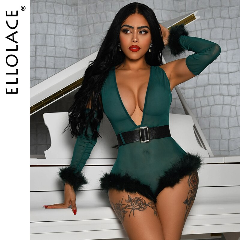 Feather Bodysuit With Sleeves Deep-V Bodycon Sexy Erotic Clothing Lace Top Green Tight