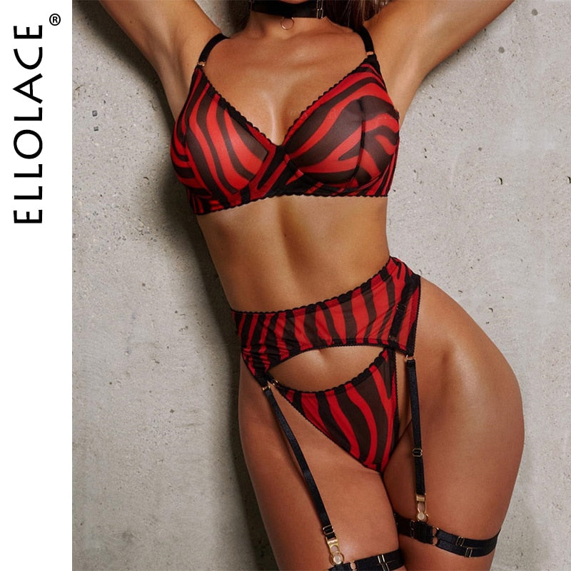 Ellolace Zebra Lingerie 5-Piece Porn Underwear Uncensored Transparent Seamless Intimate Woman Pig Sexy Sheer Lace Exotic Outfits