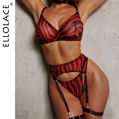 Ellolace Zebra Lingerie 5-Piece Porn Underwear Uncensored Transparent Seamless Intimate Woman Pig Sexy Sheer Lace Exotic Outfits