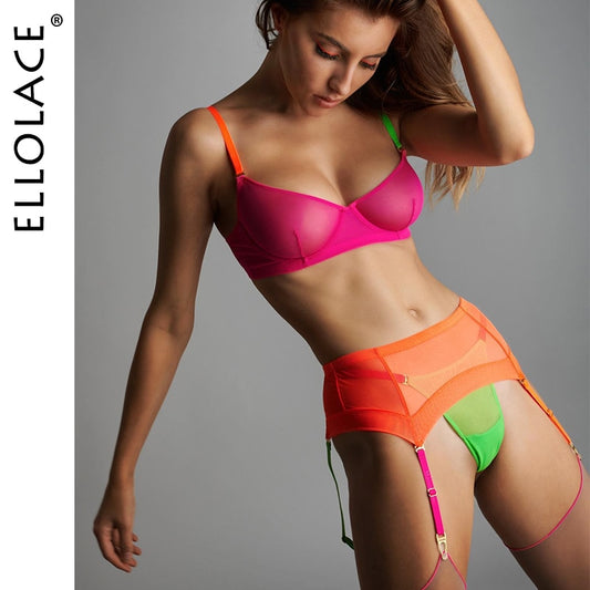 Ellolace Contrast Color Lingerie Seamless Sheer Lace Underwear 3-Piece Transparent Fine Intimate Fancy Sensual Bra And Panty Set