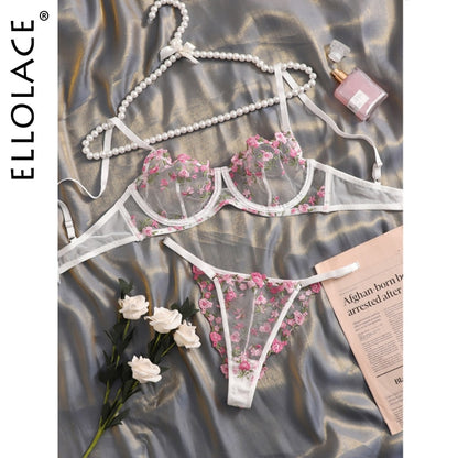 Ellolace Female Floral Lingerie Porn Underwear Uncensored Transparent Embroidery Set Woman 2 Pieces Intimate Luxury Lace Outfit