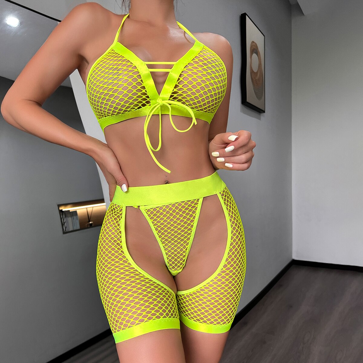 Ellolace Fishnet Lingerie Sexy Naked Naked Woman Erotic Costume Neon Pink You Can See Underwear Sissy Porn Transparent Stocking
