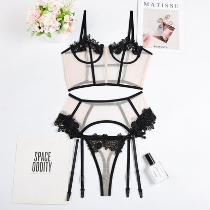Sexy Thong Panties Sets Patchwork Lace 3-Piece Transparent Bra Erotic Nude
