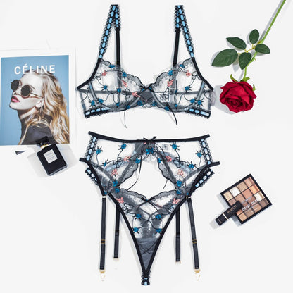 Ellolace Fairy Lingerie Sexy Lace Floral Transparent Underwear 3-Piece Delicate Intimate See Through Sensual Bra Thongs Outfits