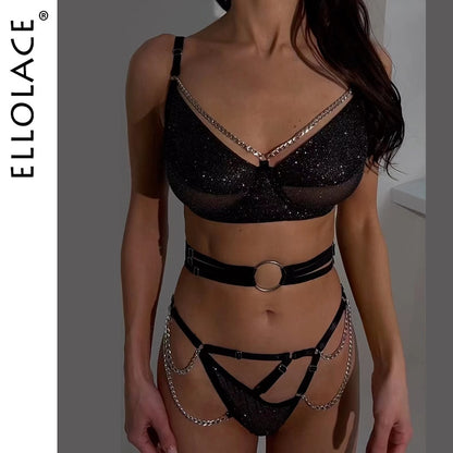 Ellolace Glitter Erotic Lingerie Luxury See Through Sparkly Underwear Pantues With Chain Fancy Garter Outfit Intimate Goods