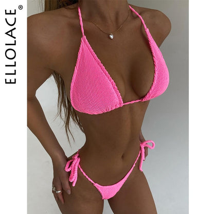 Micro Bikini Halter Solid Swimwear Monokini Sexy Set 2 Pieces Neon Yellow Low Waist Beach Lace Up Bathing Suit