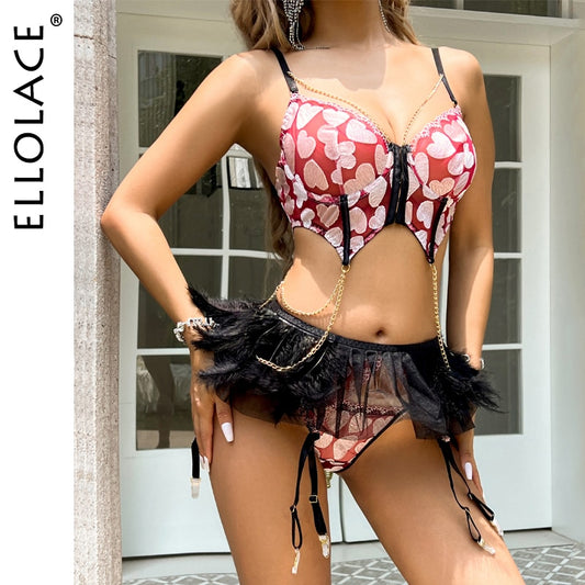 Ellolace Feather Ruffle Erotic Lingerie Heart-Shaped Bra With Chain Luxury Garter Belt Set Fairy Underwear Front Buckle Outfit