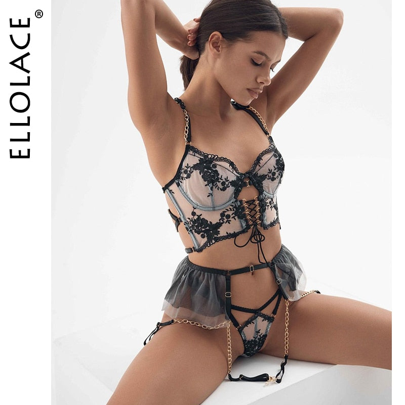 Ellolace Floral Fancy Lingerie Sexy Lace Transparent Bra Thongs Ruffle Garter Sensual Underwear Luxury Exotic Intimate Goods