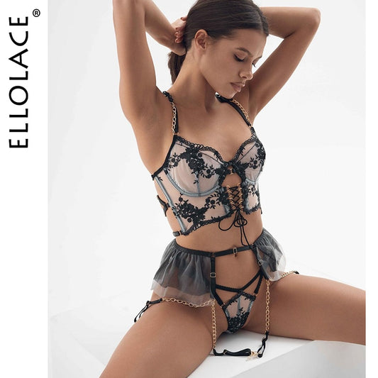 Ellolace Floral Fancy Lingerie Sexy Lace Transparent Bra Thongs Ruffle Garter Sensual Underwear Luxury Exotic Intimate Goods