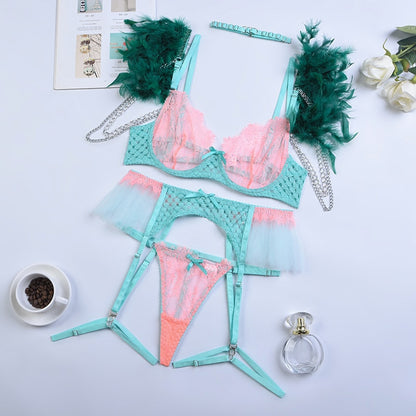 Ellolace Feather Lingerie 4-Piece Luxury Lace Women Underwear Uncensored 18 Transparent Tulle Bra Garter Set Sensual Intimate