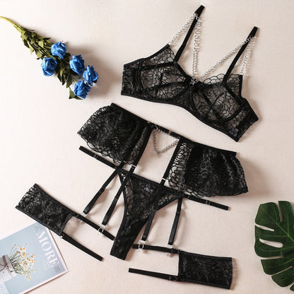 Ellolace Erotic Lingerie Porn Underwear Uncensored Transparent Bra Briefs 5-Piece Fancy Lace Delicate Fine Intimate Luxury Sets