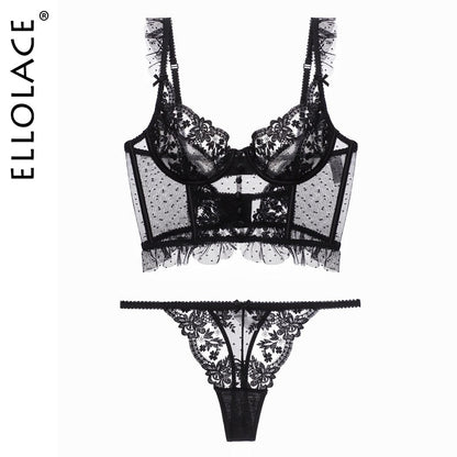 Ellolace Fancy Lingerie Lace Ruffles Transparent Bra Embroidery Female Underwear High Quality Seamless Sexy Outfits For Woman